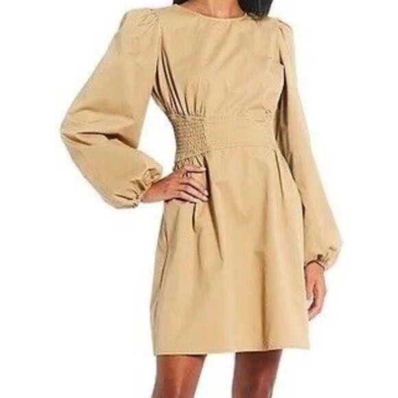 GB Gianni Gini DRESS Girls Long Sleeve Shirred Waist beige dress junior M/L/XL